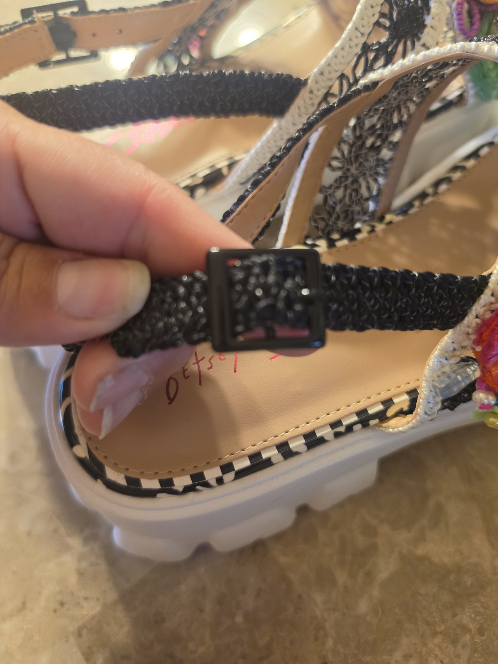 Betsey Johnson Black & White Crochet Platform Sandals with Colorful Bead Accents - Picture 8 of 8